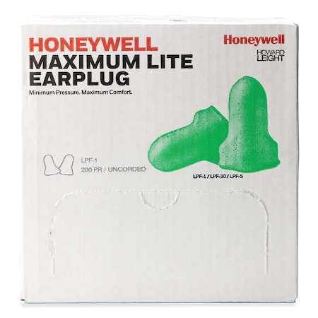 HONEYWELL HOWARD LEIGHT Honeywell LPF-1 Maximum Lite Disposable Earplugs, Foam, Green, Uncorded, 200 Pairs