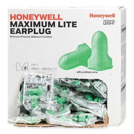 HONEYWELL HOWARD LEIGHT Honeywell LPF-1 Maximum Lite Disposable Earplugs, Foam, Green, Uncorded, 200 Pairs