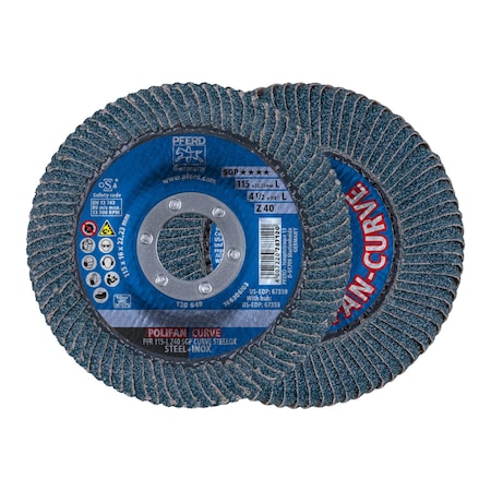 PFERD Pferd 67339 Polifan Steelox Curve Radial Type Flap Disc Zirconia Alumina 40 Grit 4-1/2 Diameter 7/8 Arbor Hole 13300 RPM