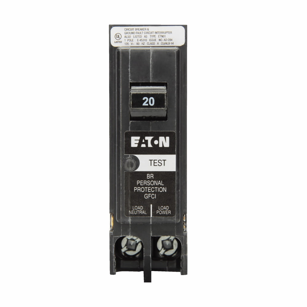 EATON EATON BRP120GF Type BR Ground Fault Circuit Breaker, Plug-on Neutral, 120 VAC, 20 Amp, 10 kAIC, 1-Pole