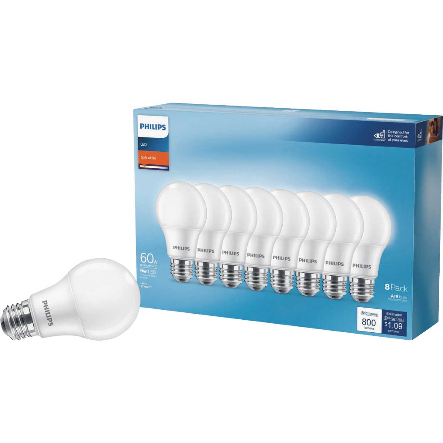 PHILIPS Philips 589218 60W Equivalent A19 Medium LED Light Bulb 9W (8-Pack) 929002311354