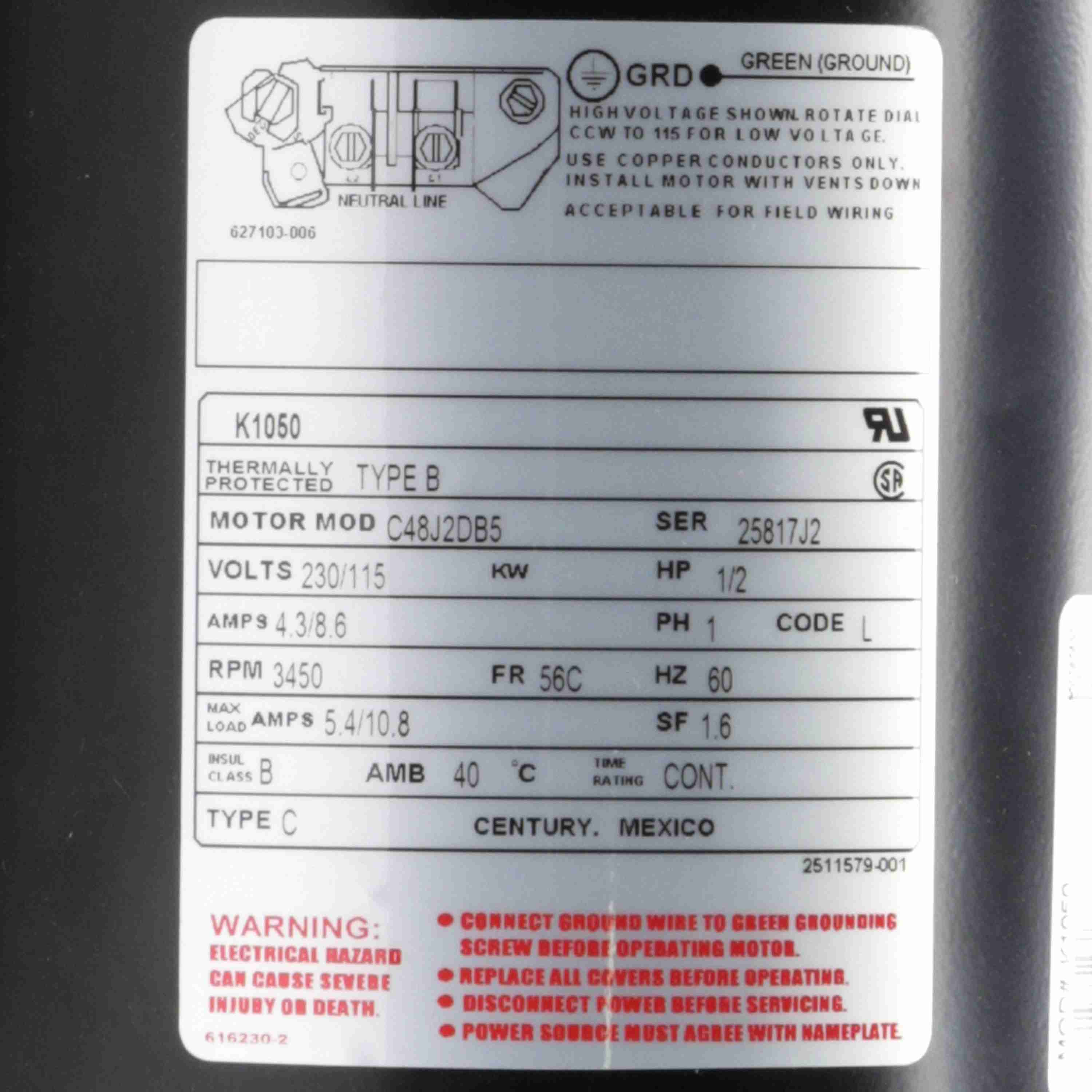 CENTURY MOTORS Century K1050 NEMA-C Face Single Phase Jet Pump Motor 0.5 HP 3450 RPM 115/230V