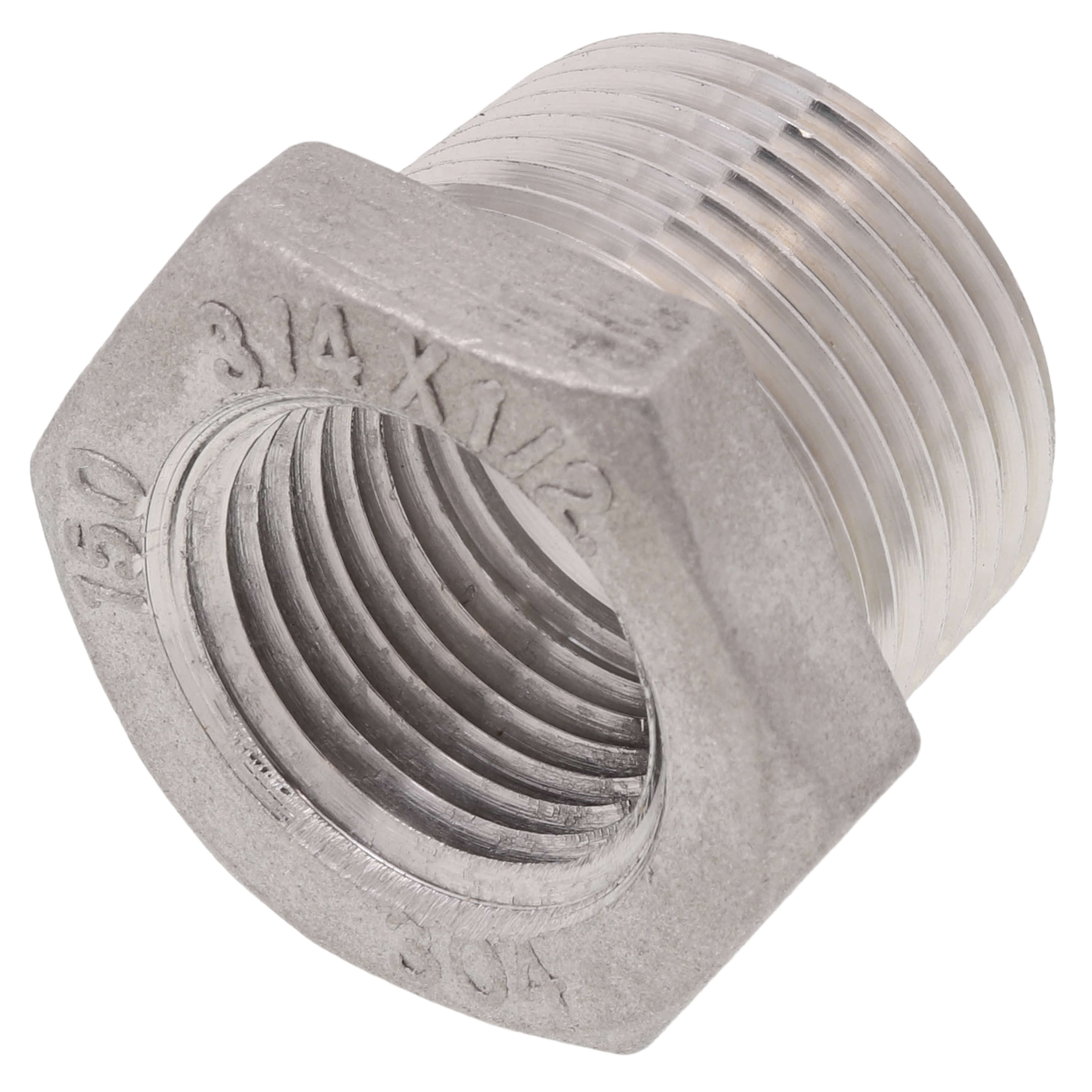 MERIT BRASS Merit Brass K414-1208 Hex Head Pipe Bushing, 3/4 x 1/2 in Nominal, MNPT x FNPT End Style, 150 lb, 304/304L Stainless Steel, Import