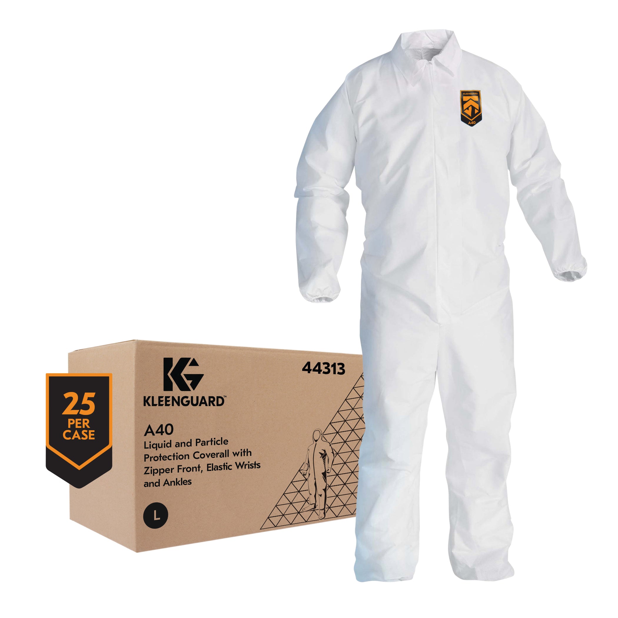 KLEENGUARD KleenGuard 44313 A40 Liquid Particle Protection Coverall, Zipper Front, Elastic Wrists and Ankles, Large