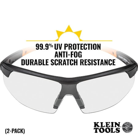 KLEIN TOOLS Klein Tools 60171 Professional Safety Glass, Clear, Polycarbonate, Black/Orange Semi-Frame, 2 Pack