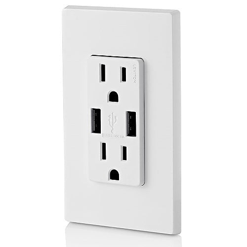 LEVITON Leviton T5632-W Duplex Receptacle, USB, 15A/125V, Screw Terminal, Tamper