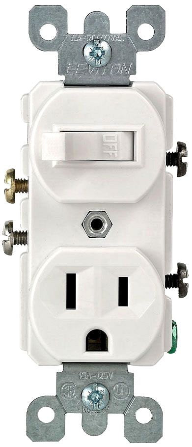 LEVITON Leviton 5225-W Duplex Combination Switch and Receptacle, 15 A, 120/277 VAC, 1/2 hp at 120 VAC, 2 hp at 240/277 VAC
