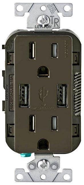 LEVITON Leviton T5632-B Grounding Tamper-Resistant Receptacle and USB Charger, 15 A, 125 VAC, Brown