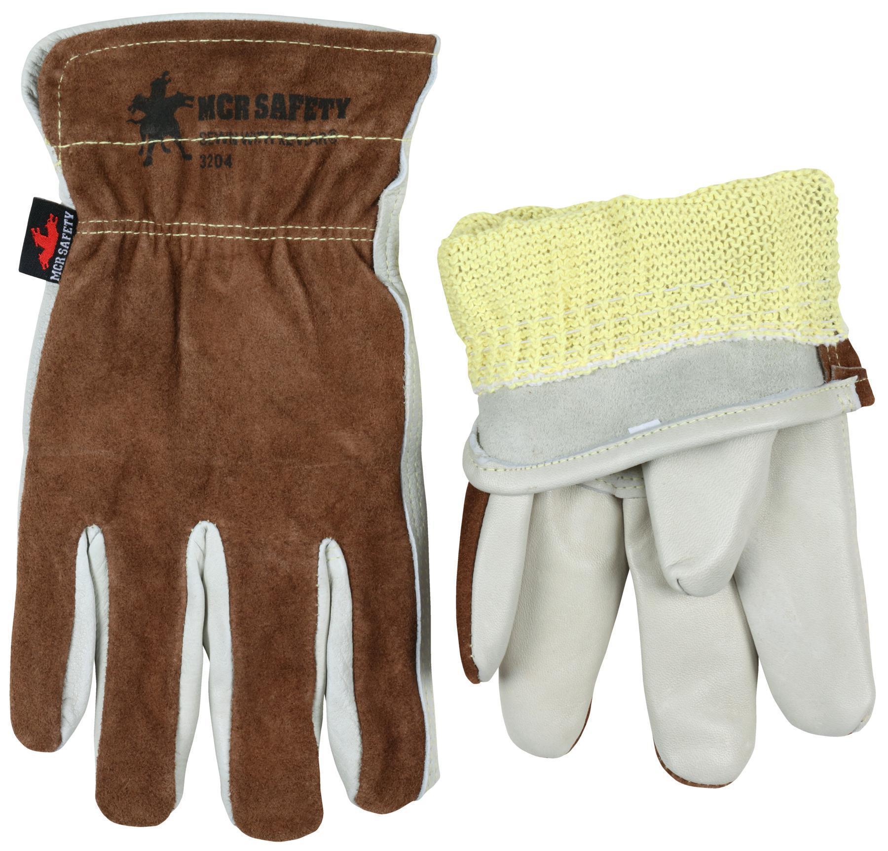 MCR SAFETY MCR Safety 3204KXL Grain Cow Full Leather Driver Select Grade Gloves with Kevlar Liner, Cream/Brown, X-Large, 1-Pair