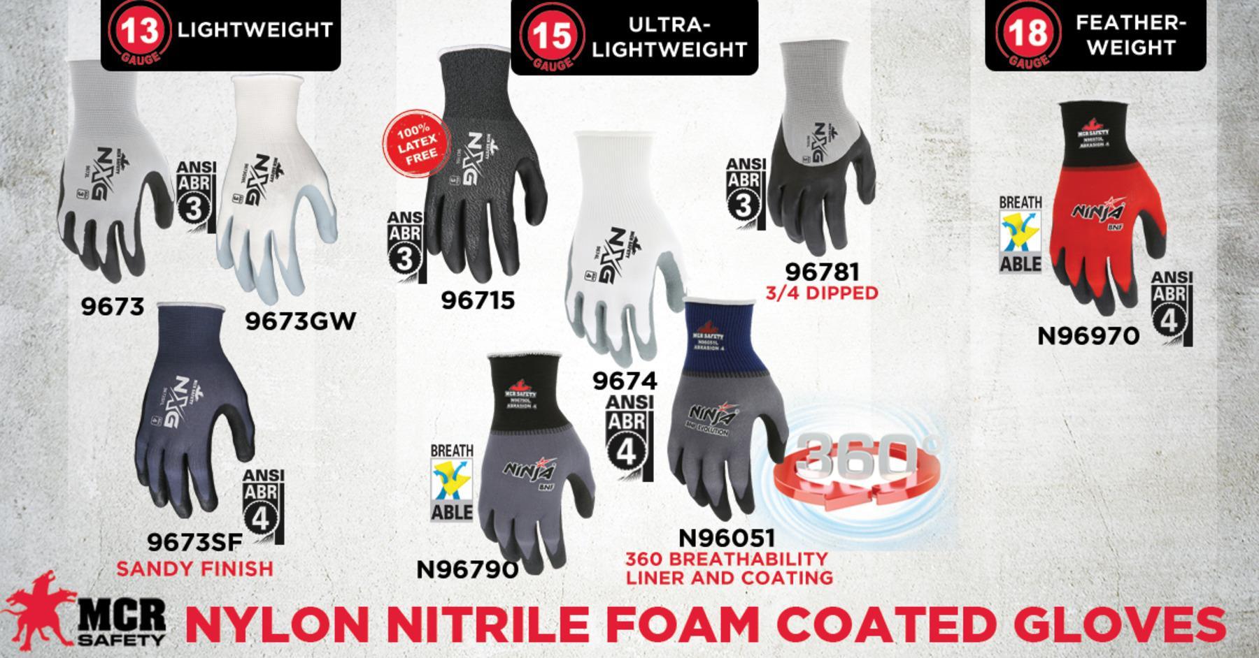 MCR SAFETY MCR Safety 9673GWS Dipped General Purpose Gloves, Coated/Multi-Purpose, Seamless/Standard Finger, S, Foam Nitrile Palm