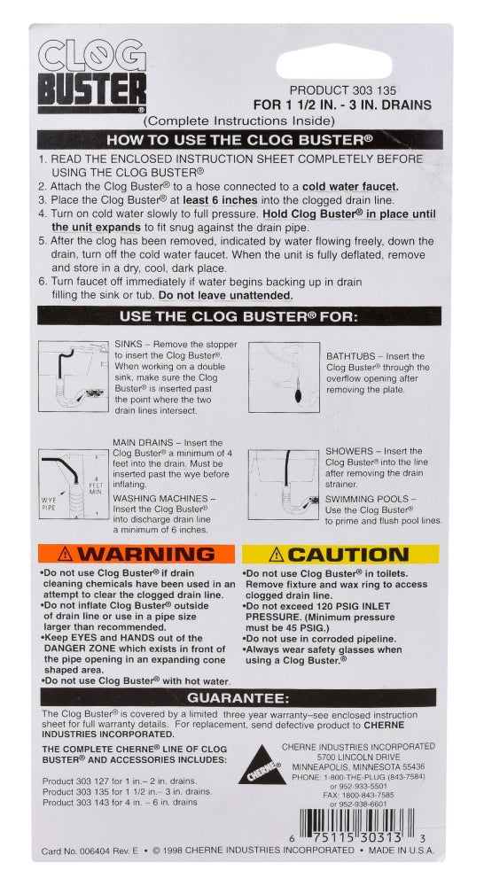 CHERNE Cherne 303135 Clog Buster 1-1/2 to 3 in. Drain Flusher