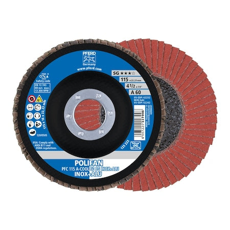 PFERD Pferd 62232 Polifan Type 29 SG Flap Disc 4-1/2 inches Dia 60 Grit 7/8 inches Arbor 13300 RPM Aluminum Oxide
