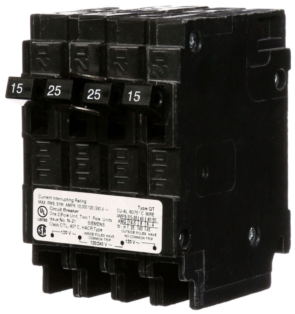 SIEMENS Siemens Q21530CT Triplex Circuit Breaker, Single-Pole 15A, 2-Pole 30A Common-Trip, 120/240V AC, Plug-In, 10kA