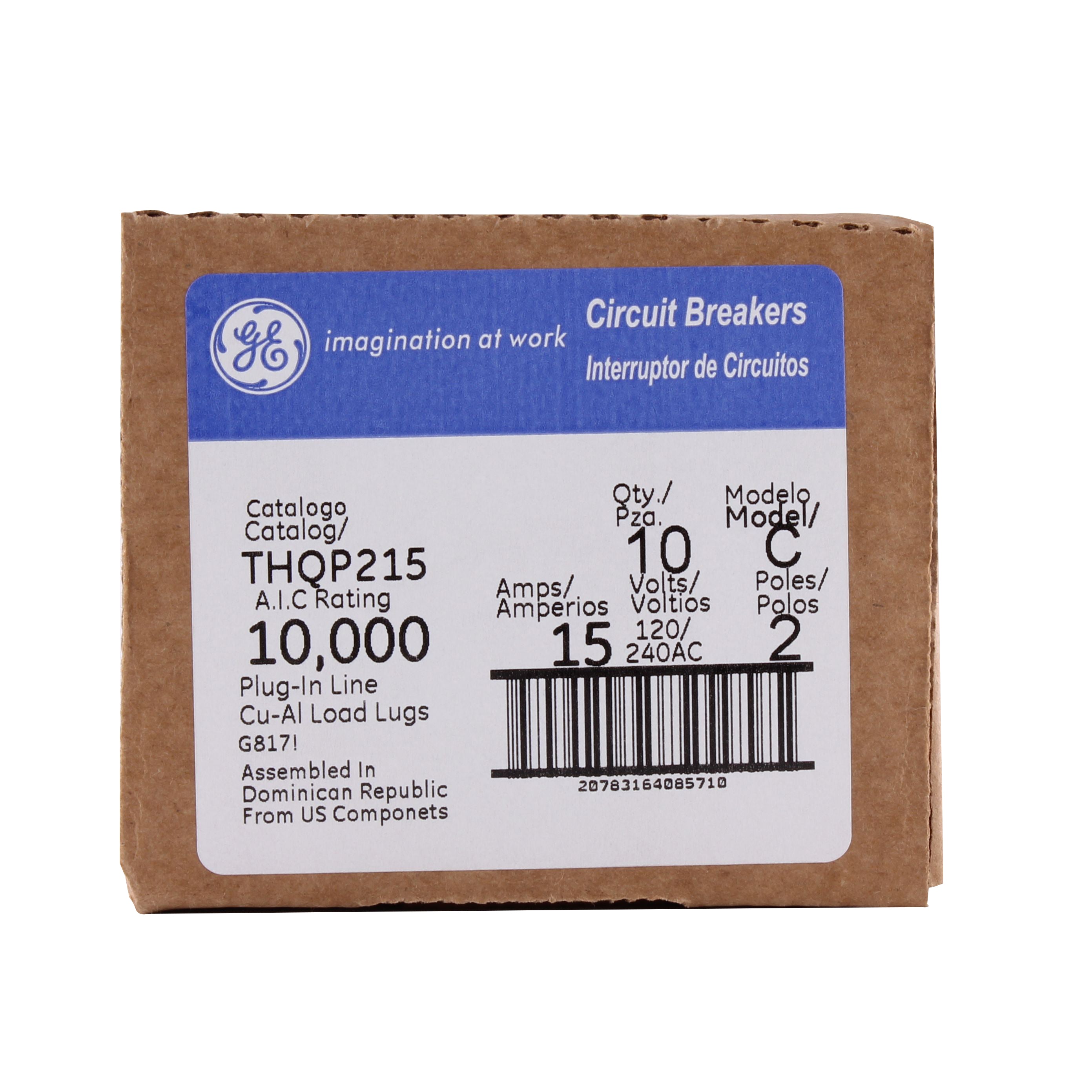 GENERAL ELECTRIC GE THQP215 THQP Molded Case Circuit Breaker, 120/240 VAC, 15 A, 10 kA, 2 Poles