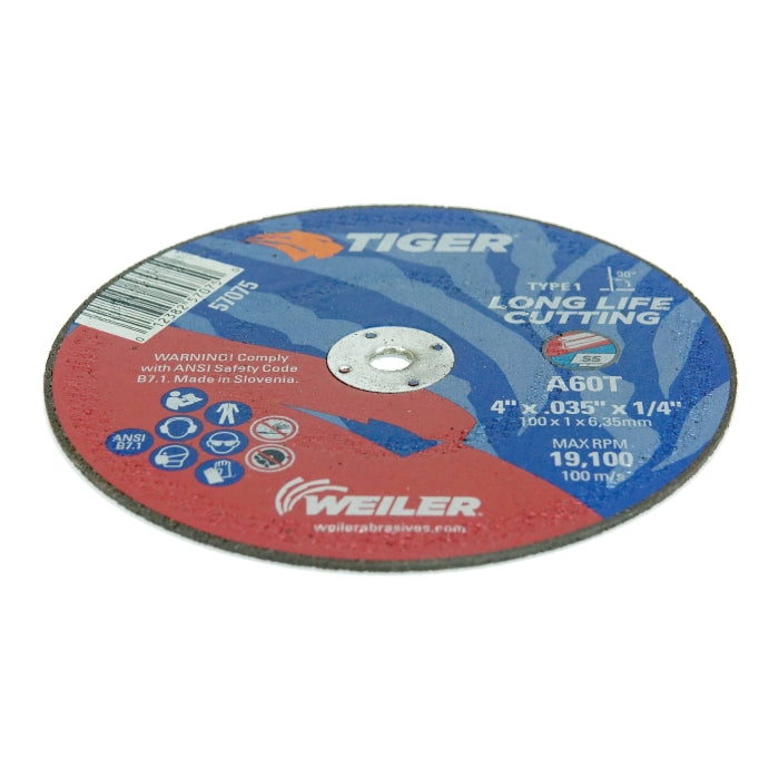 WEILER Weiler 57075 Tiger cutting wheel, flat long life performance cut, 4 inch diameter 0.035 inch thick 1/4 inch center hole, pack of 25