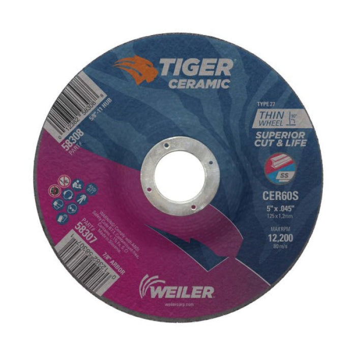 WEILER Weiler 58307 Tiger Ceramic Type 27 Cutting Wheel 5 in x 0.045 in x 7/8 in (25 per Pack)