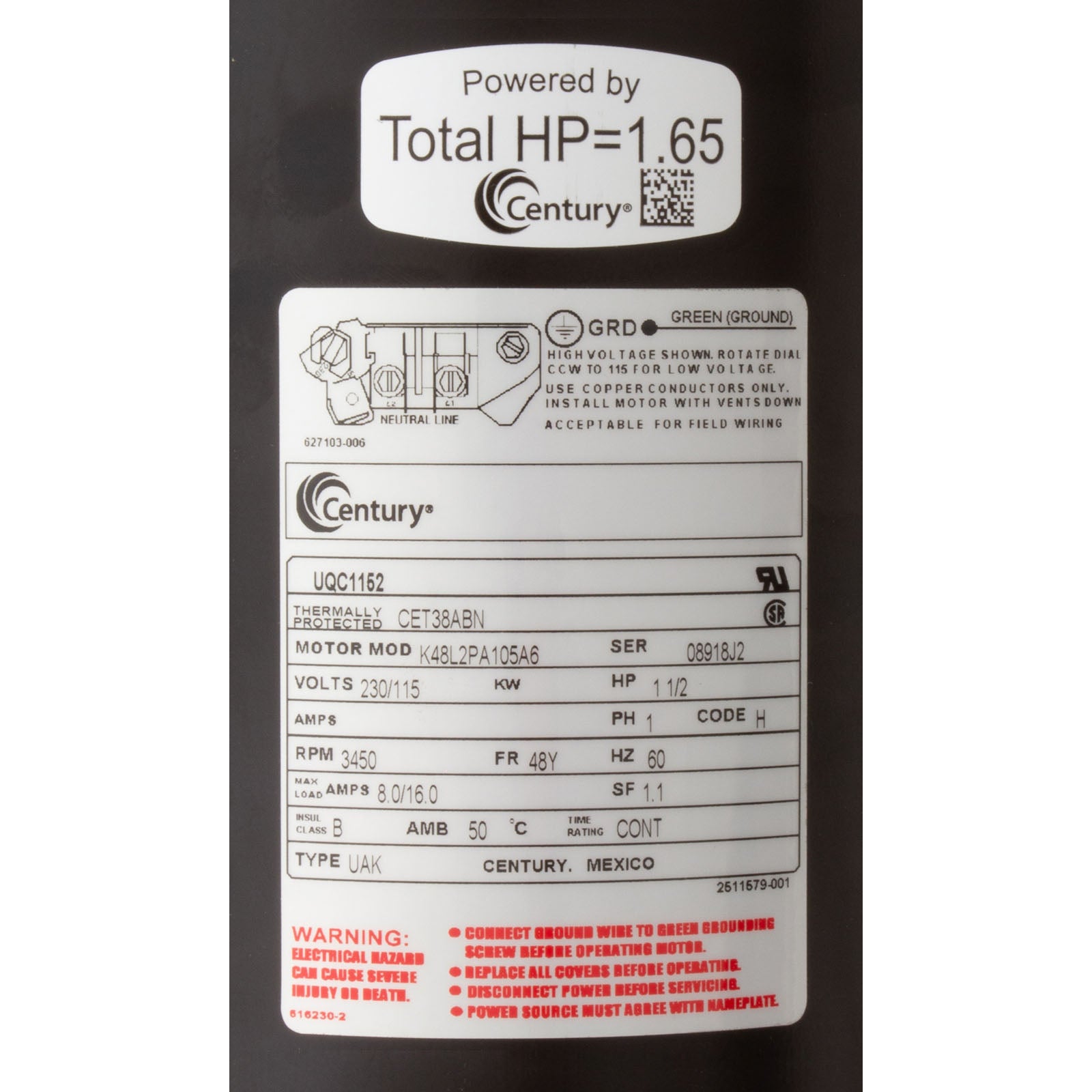 CENTURY MOTORS Century UQC1152 Pool and Spa Motor 1.5HP 115/230V
