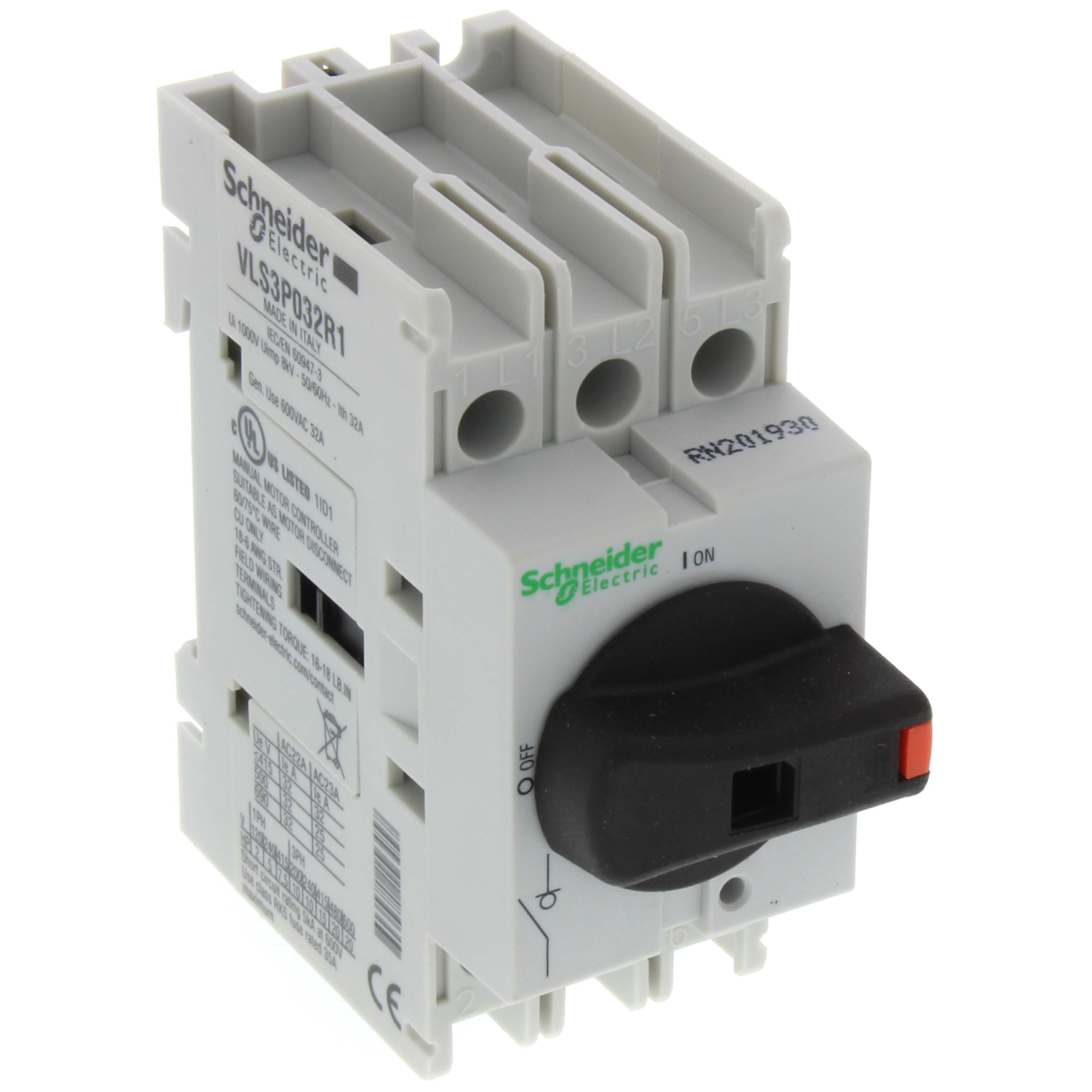 SCHNEIDER ELECTRIC Schneider Electric VLS3P032R1 Disconnect Switch, 32A, 20HP at 480VAC, UL508, DIN Rail Mount