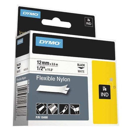 DYMO Dymo 18488 Rhino Flexible Nylon Label Tape 1/2 inch 11.5 feet Black Print on White