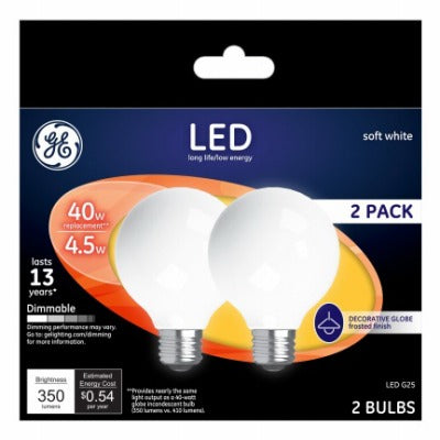 GE G E Lighting 24954 G25 Led Globe Bulb 4.5W 2700K 2 Pack
