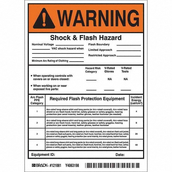 BRADY Brady 121081 Arc Flash Label Vinyl 7x5 in 5 Per Roll