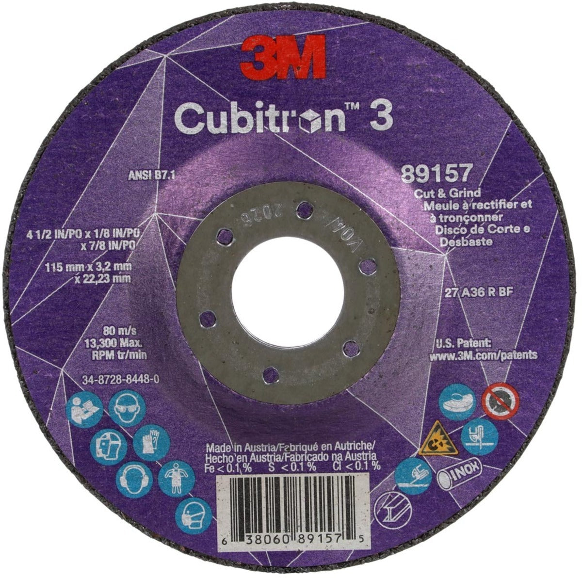 3M 3M 7100305149 Cubitron 3 36+ Grit Ceramic Grain Type 27 Depressed Center Combination Wheel (4-1/2 in x 1/8 in x 7/8 in) 3MA638060-89157