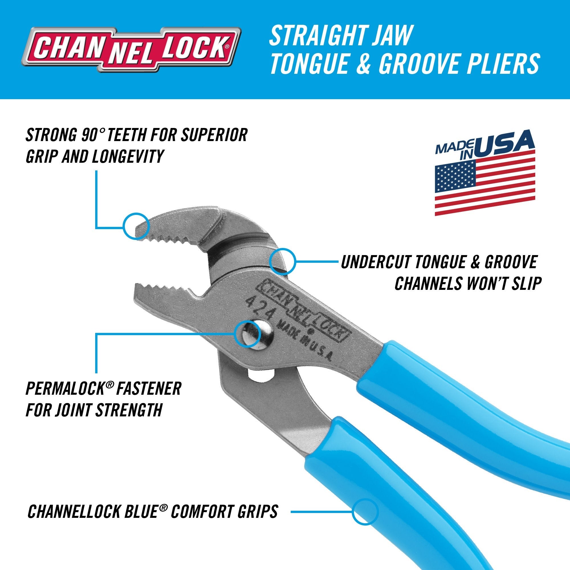 CHANNELLOCK Channellock 424 Straight Jaw Tongue & Groove Pliers 4.5-inch