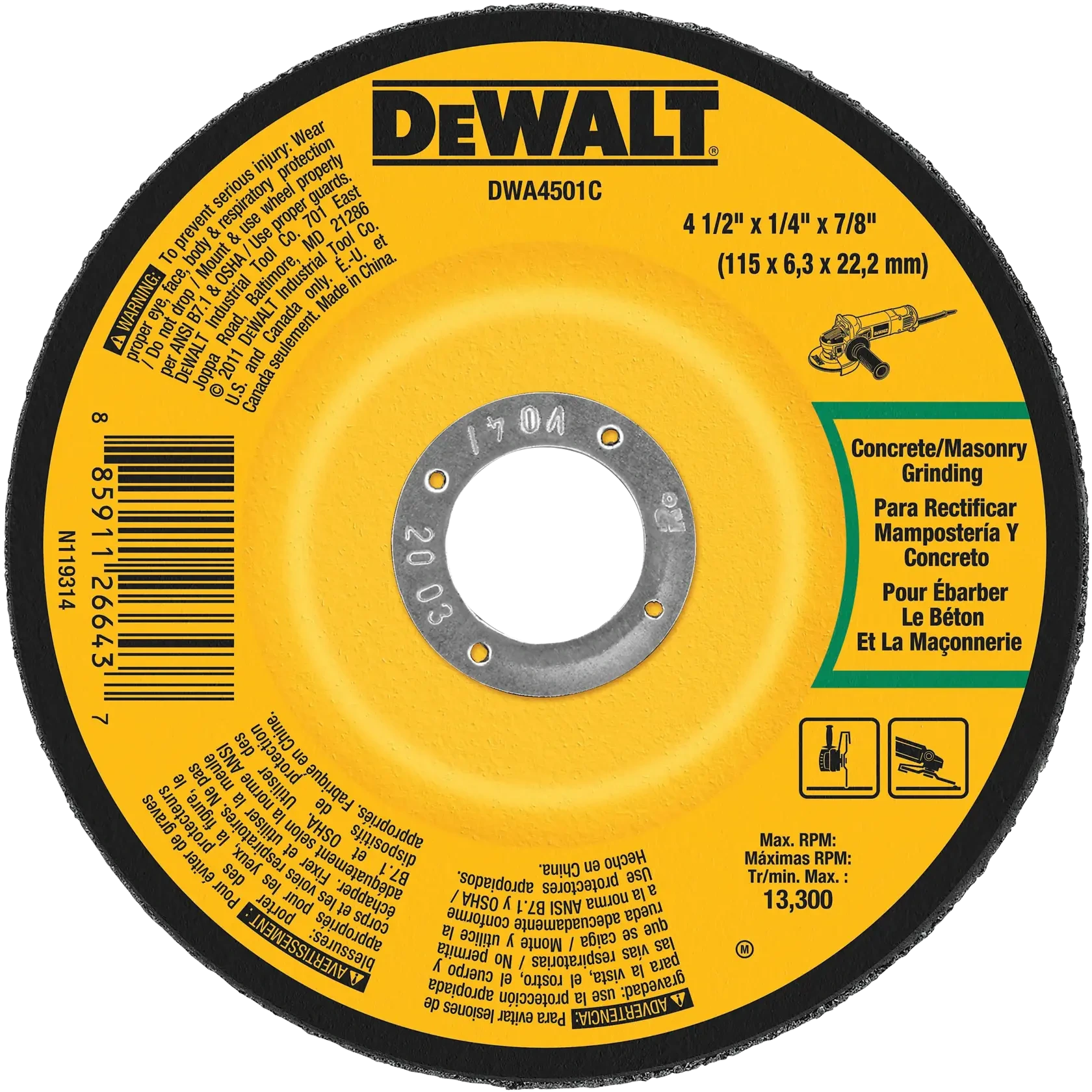 DEWALT Dewalt DWA4501C HP Type 27 Masonry Cut-Off Wheel (4-1/2 in x 1/4 in x 7/8 in)
