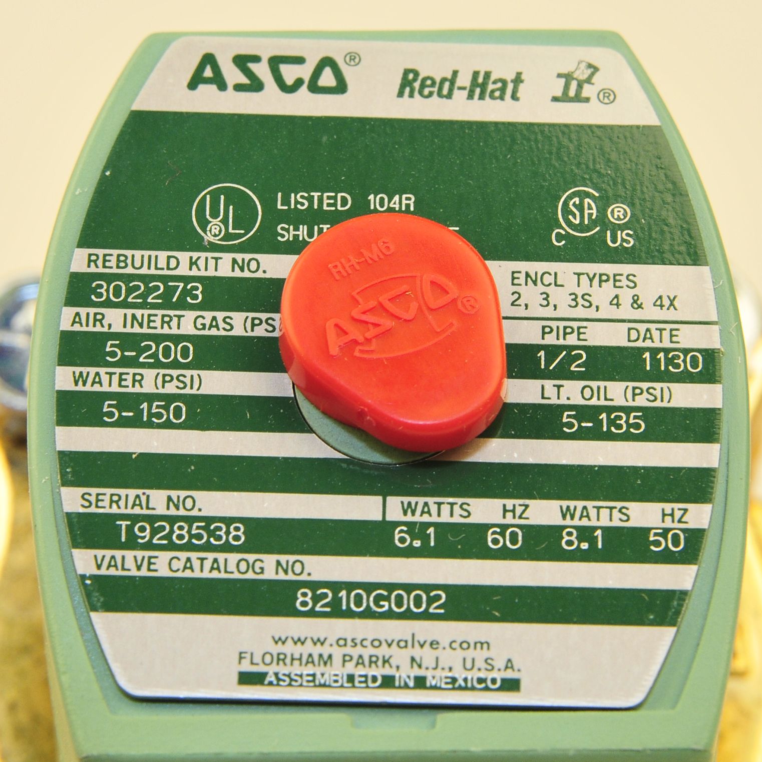 ASCO ASCO 8210G2HW Solenoid Valve Hot Water Brass 120V