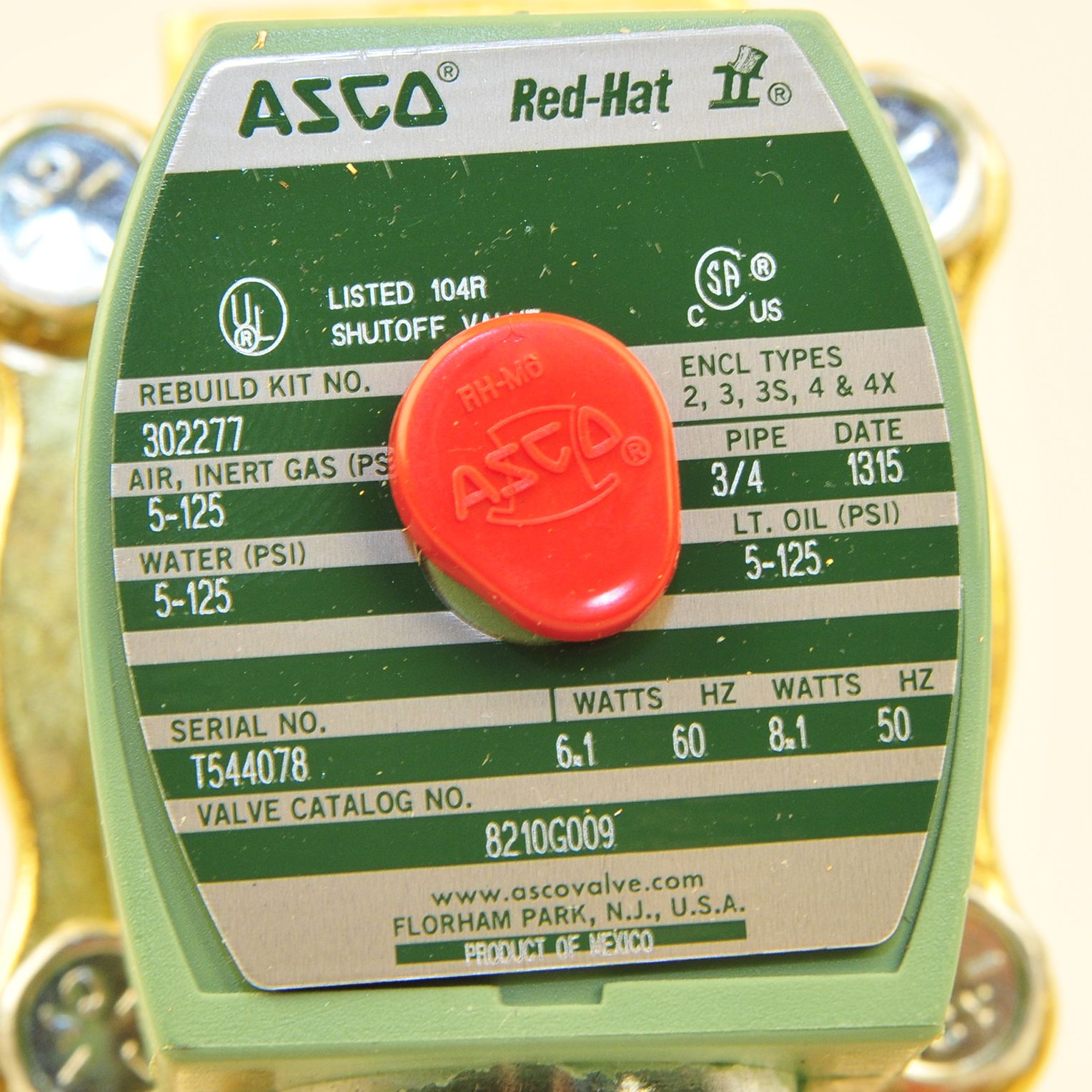 ASCO ASCO 8210G9HW 3/4 Inch NPT 120V Brass Solenoid Valve for Hot Water Service