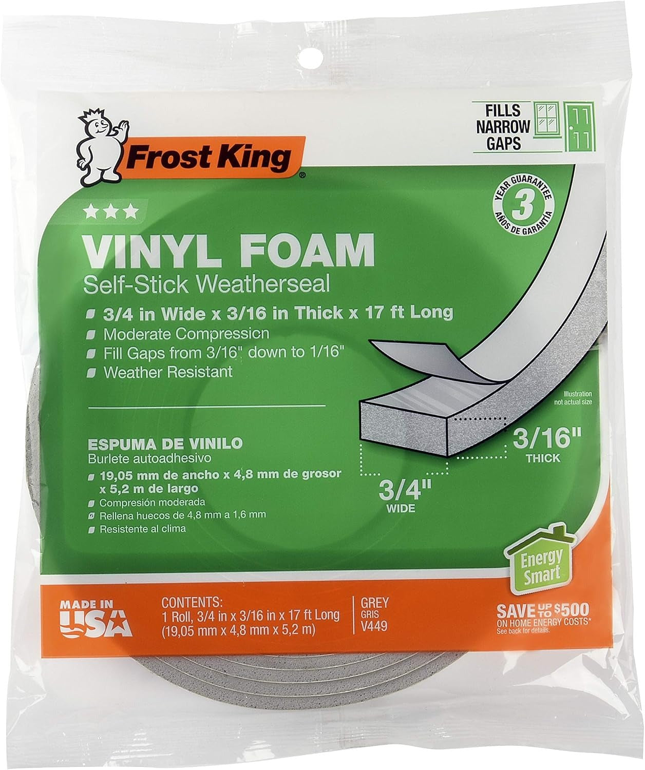 FROST KING Frost King V449H Vinyl Foam Tape 3/4 in W x 3/16 in Thick x 17 ft