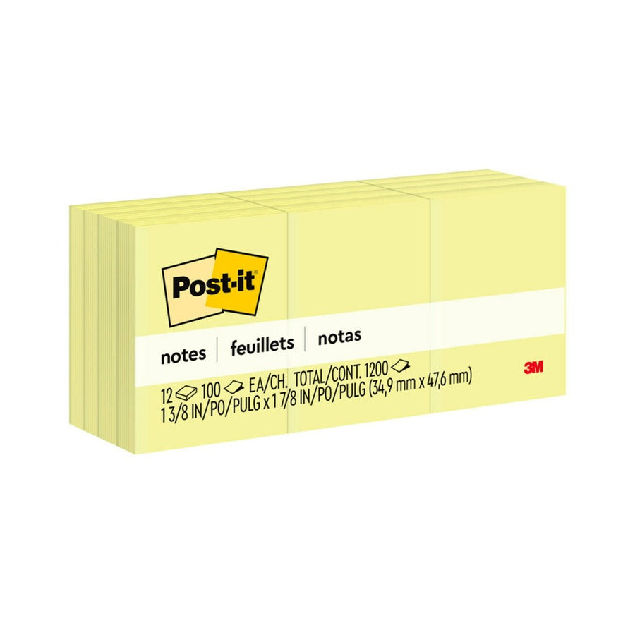 3M 3M MMM653YW Post-it Notes Original Notepads 1.5 x 2 Inches (12 Pack)