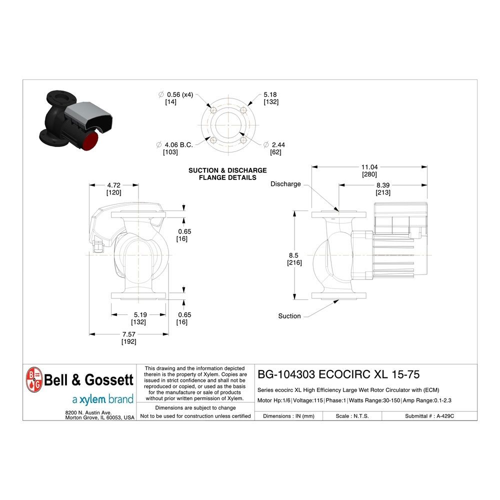 BELL & GOSSETT Bell & Gossett 104303 Ecocirc XL 15-75 Cast Iron Circulator, Flanged (1/6 HP, 115V)