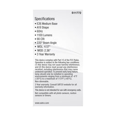 SATCO S11772 Non-Dimmable Type A Lamp, 12 W, 75 W Incandescent Equivalent, E26 Medium Lamp Base, A19 Shape, 1100 Lumens