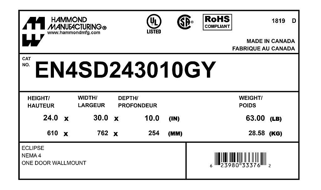HAMMOND Hammond EN4SD243010GY Eclipse enclosure 24 x 30 x 10