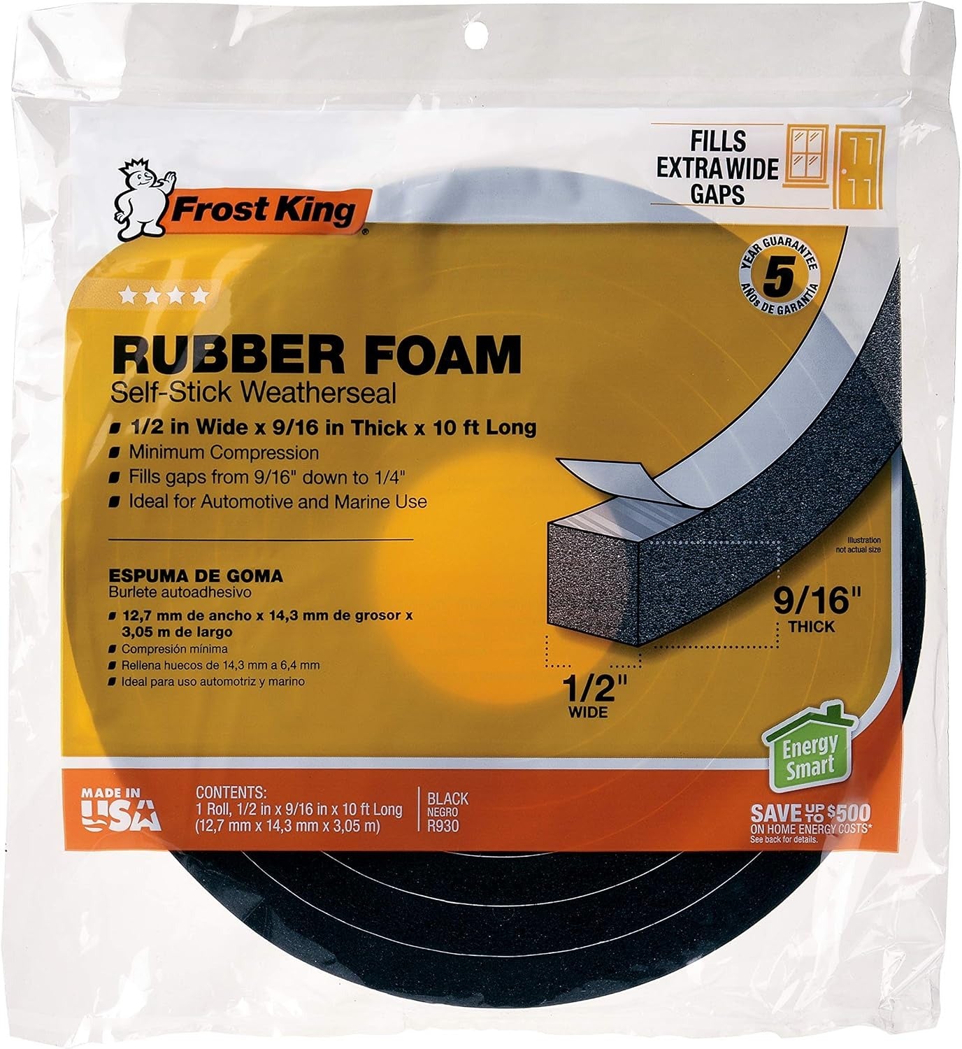FROST KING Frost King R930H Sponge Rubber Foam Tape 1/2 in W x 9/16 in T (10 ft)