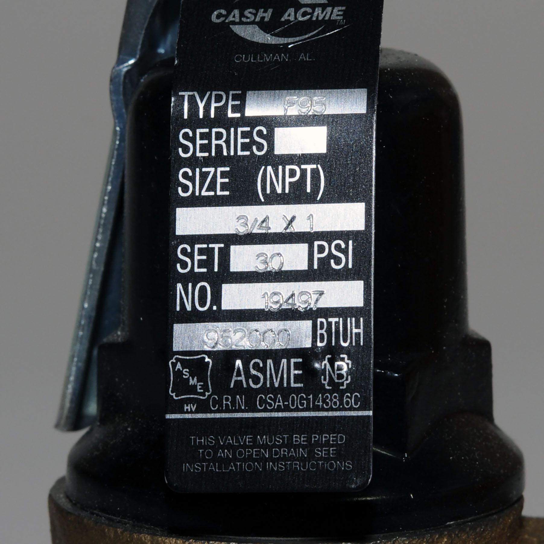 CASH-ACME Cash Acme 19497-0030 F-95 Pressure Relief Valve 30 PSI 3/4 x 1