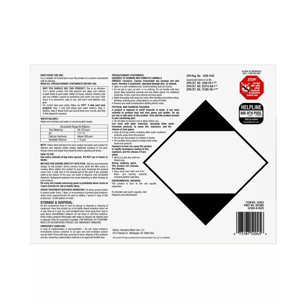 HTH Hth 52036R Pool Care Shock Advanced 4-in-1 (1 lb bag) 52036R