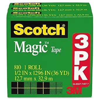 3M 3M MMM810H3 1/2 inches W Magic Tape (0.5 in x 36 yd, 3 Pack) MMM810H3