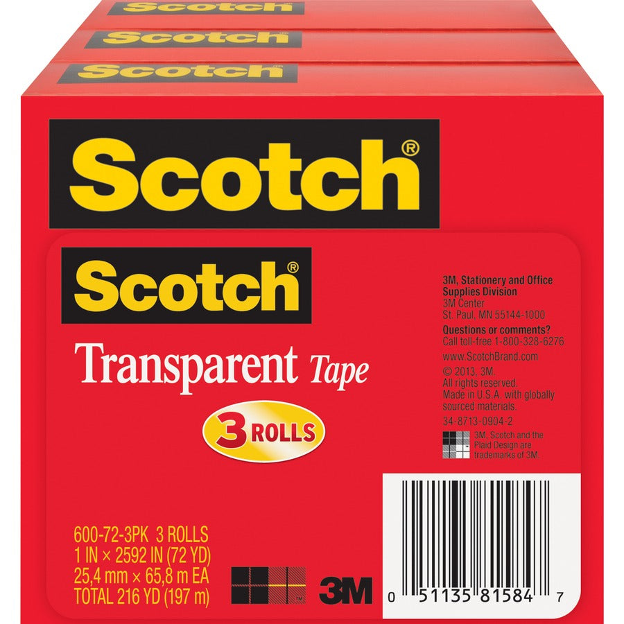 3M 3M MMM600723PK Transparent Tape 72 yd x 1 inches (3 Pack) 600-72-3PK
