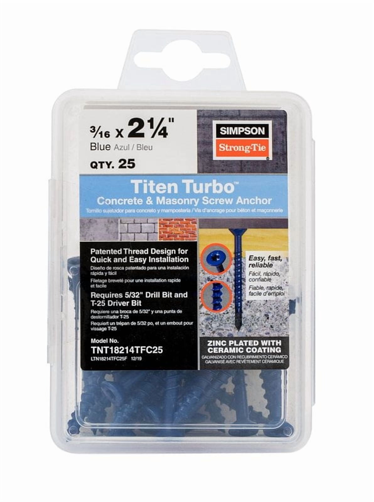 SIMPSON STRONG-TIE Simpson Strong-Tie TNT18214TFC25 Titen Turbo T25 flat head 3/16 in x 2-1/4 in 25-pack