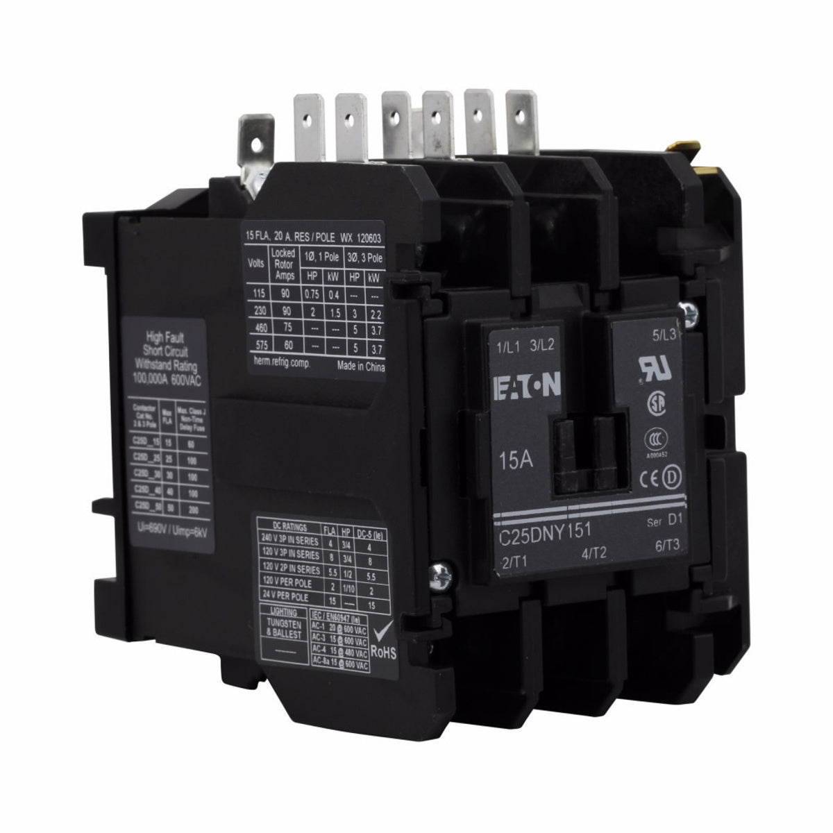 EATON Eaton C25DNY130 Definite Purpose Non-Reversing Contactor 30A 240V 3-Pole Open Metal Mounting Plate