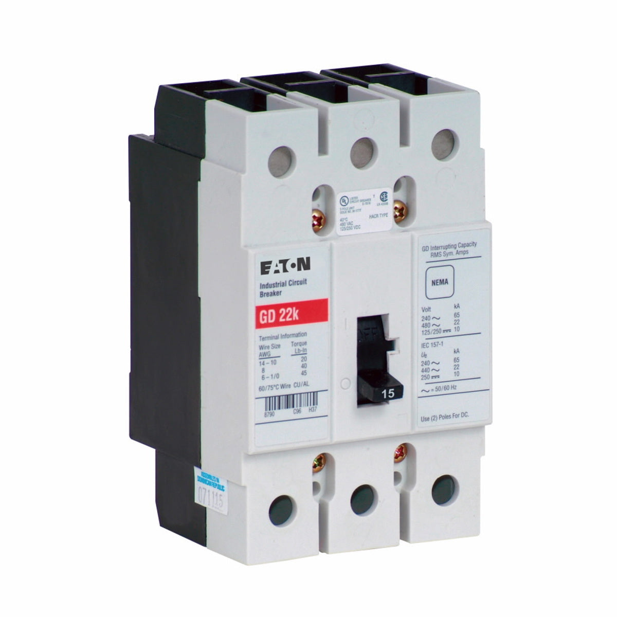 EATON EATON GD3015 Molded Case Circuit Breaker 480 VAC/125/250 VDC 15A