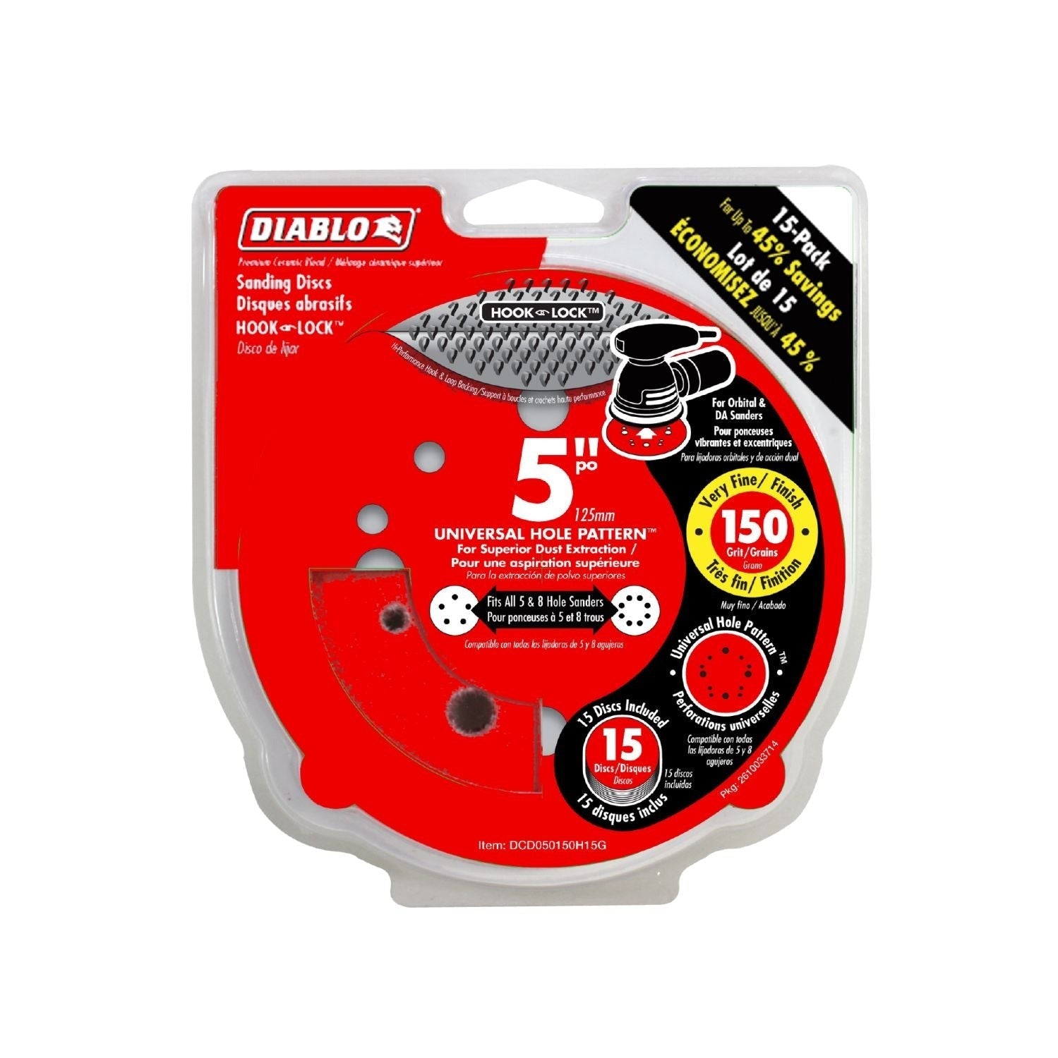 DIABLO Diablo DCD050150H15G 5 in. 150-Grit Universal Hole Random Orbital Sanding Disc (15-Pack)