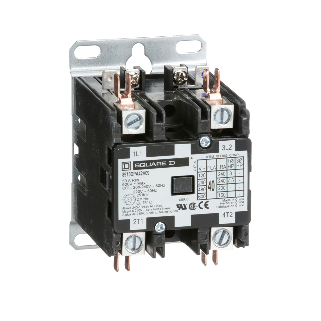 SCHNEIDER ELECTRIC Schneider Electric 8910DPA42V09 Contactor 208/240VAC 40A 2-Pole NEMA 1 Definite Purpose