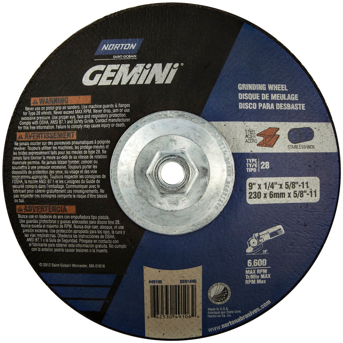 NORTON Norton 66253049106 Gemini Type 28 Depressed Center Grinding Wheel (9 in x 1/4 in x 5/8-11 Arbor)