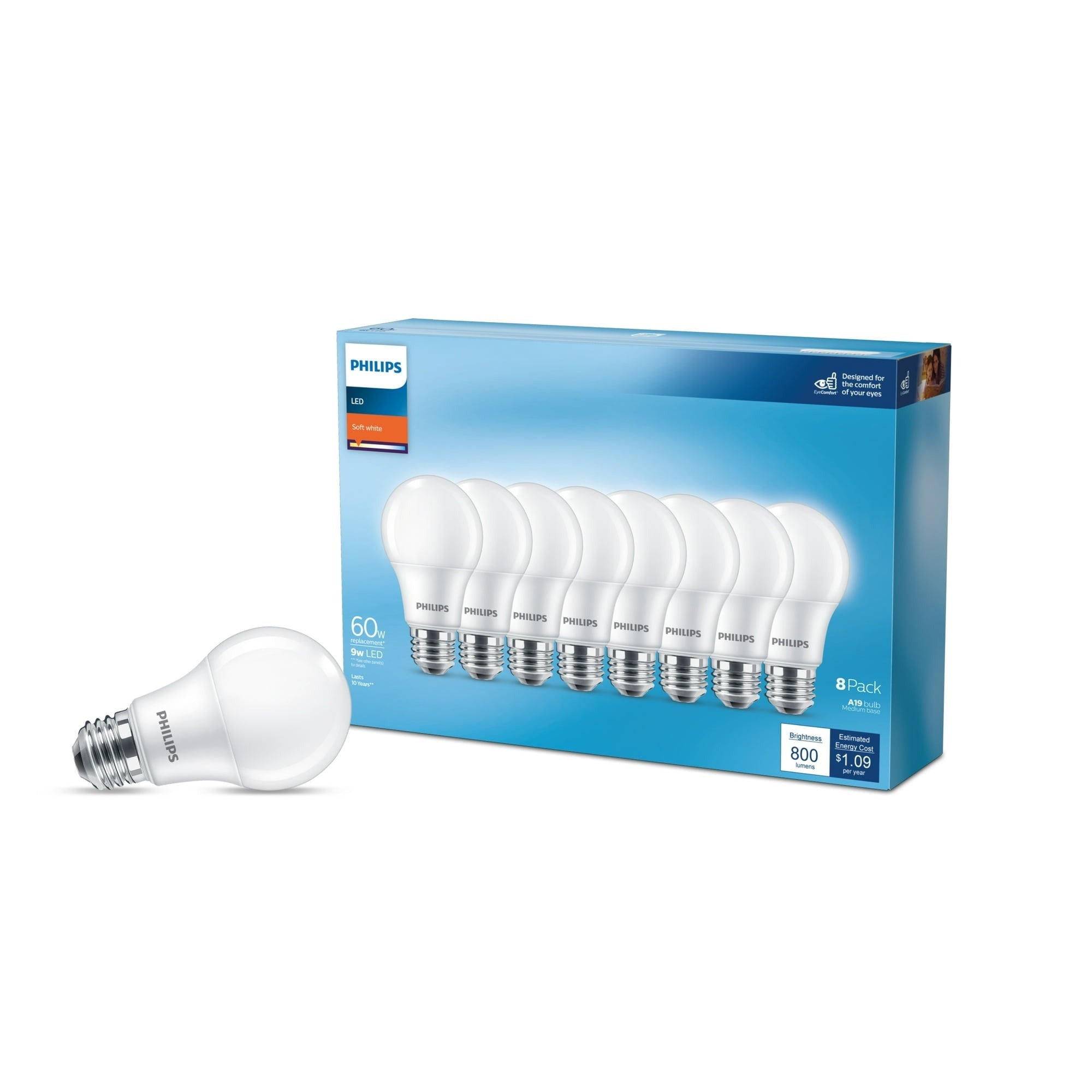 PHILIPS Philips 589218 60W Equivalent A19 Medium LED Light Bulb 9W (8-Pack) 929002311354