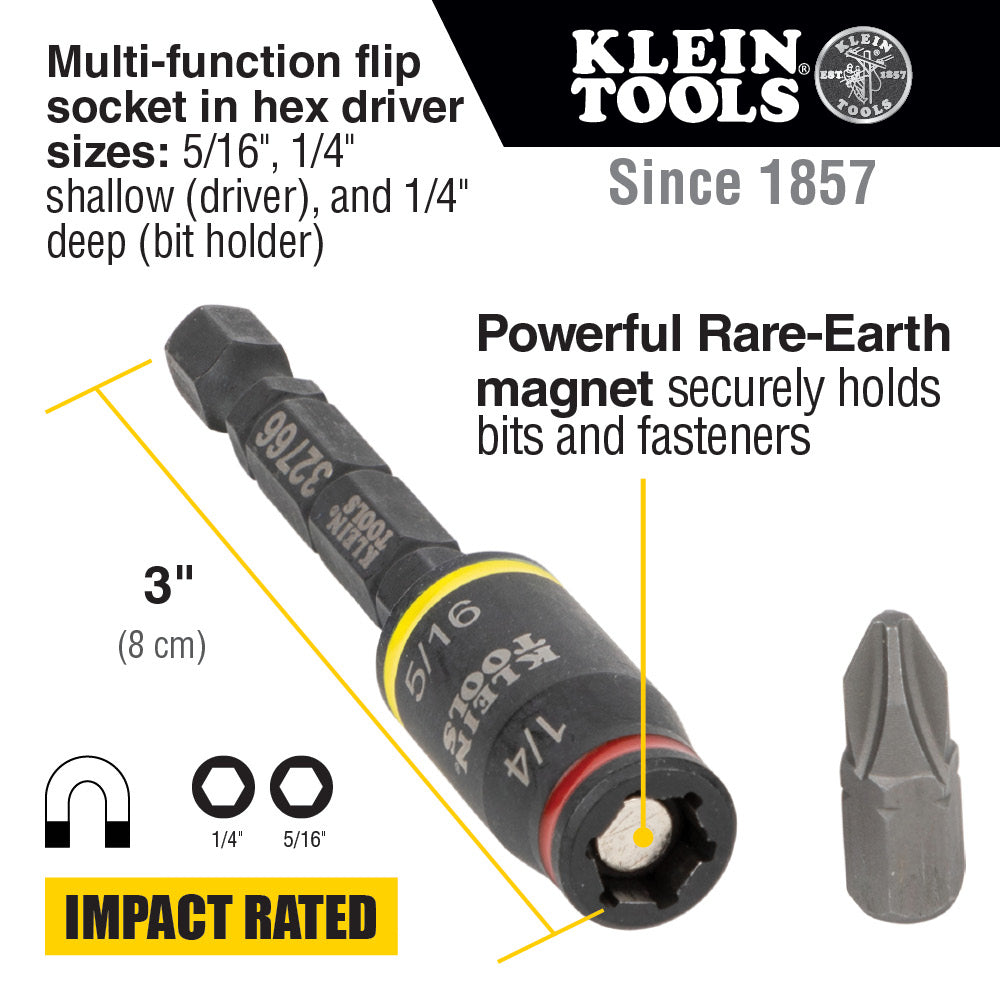 KLEIN TOOLS Klein Tools 32766 Impact Driver, 3-in-1 SAE Impact Socket and Bit Holder, Flip Socket with 1/4-Inch and 5/16-Inch Hex Drivers, 3-Inch Length