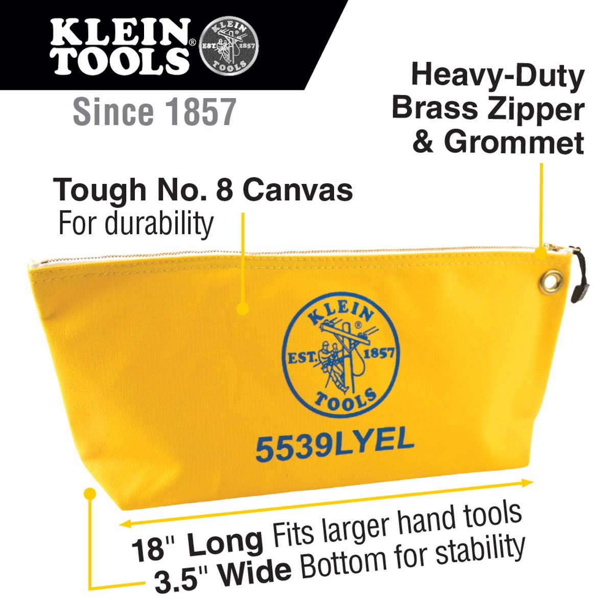 KLEIN TOOLS Klein Tools 5539LYEL Zipper Bag, Large Canvas Tool Pouch, 18-Inch, Yellow