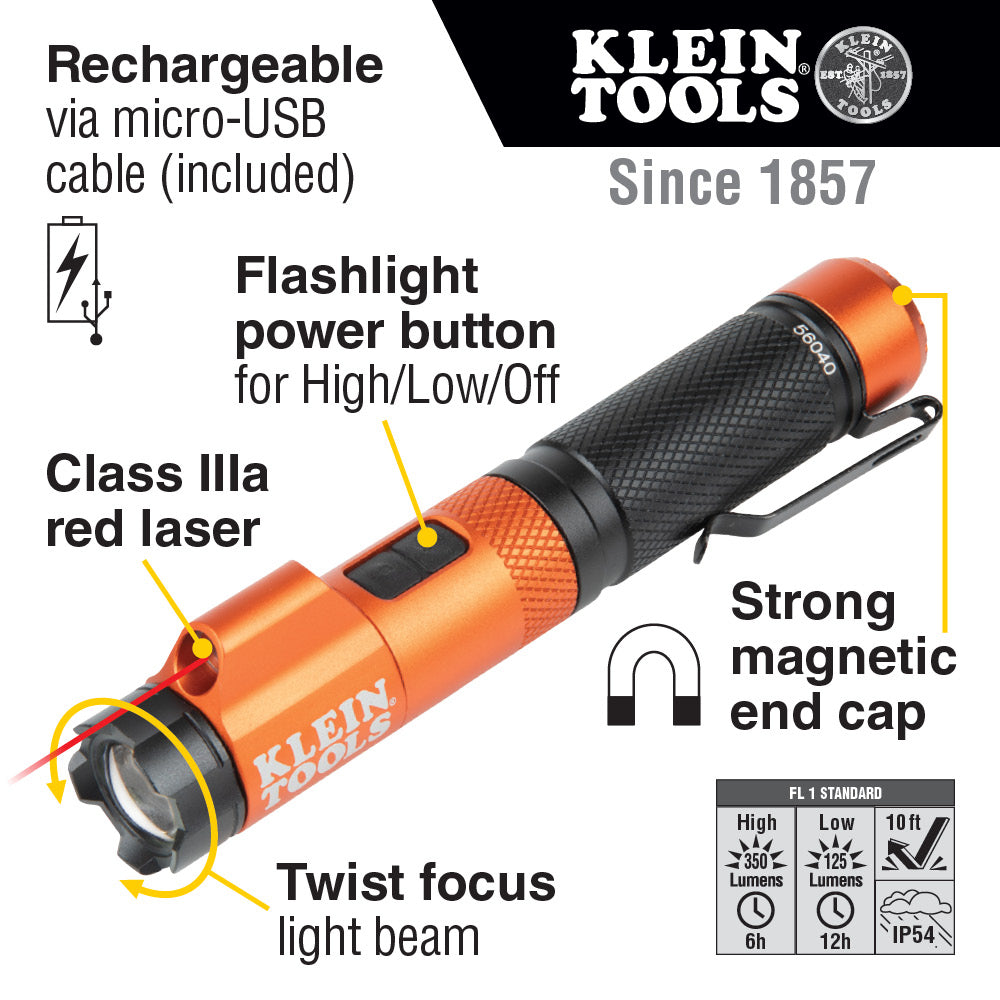 KLEIN TOOLS Klein Tools 56040 Rechargeable Focus Flashlight with Laser 350 Lumens, Hands-Free Use